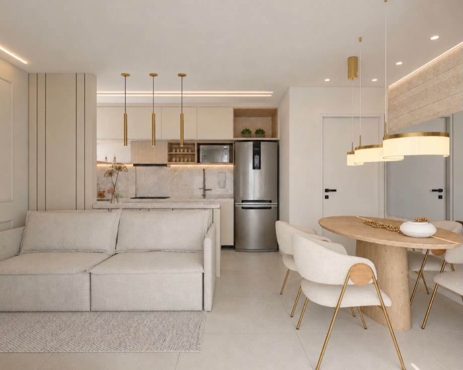 Living integrado clean com sofá branco e jantar