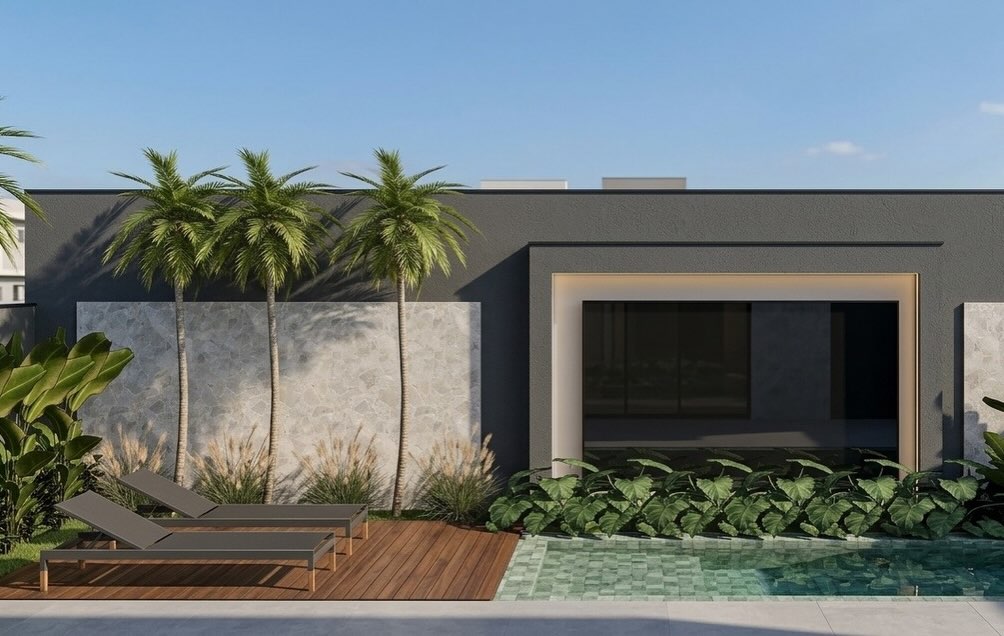 Fachada de residência de alto padrão com piscina e paisagismo